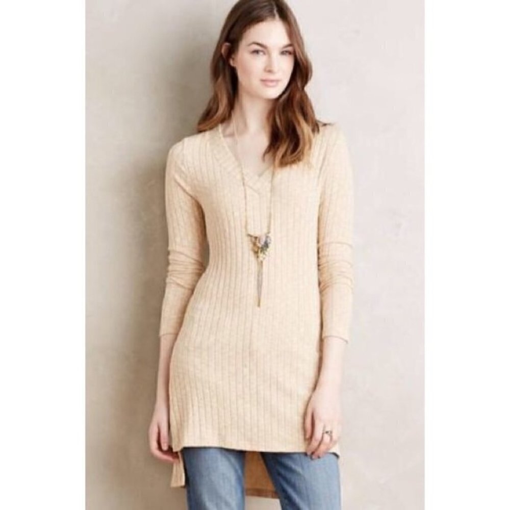 Anthropologie Deletta‎ Beige Ribbed V-Neck Long Sleeve Tunic S